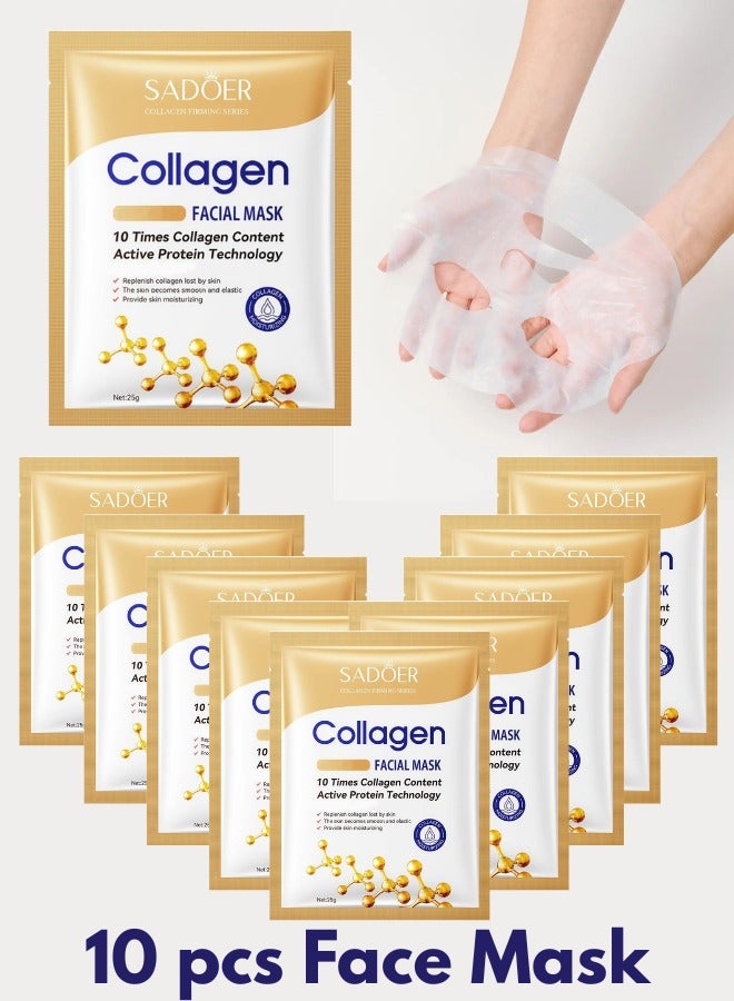 SADOER 10pcs Collagen Anti Aging Essence Mask 25g Active Protein Technology Face Sheet Mask with 10 Times Collagen Content Hydrating Firming Brightening for Women and Men - Image 1