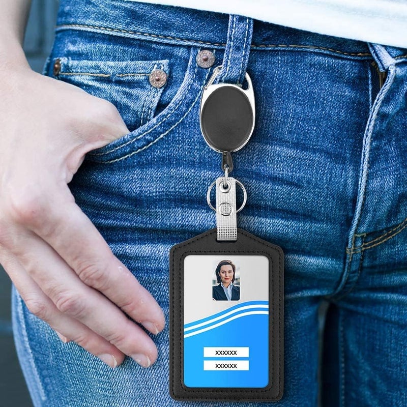 Excefore Office Badge Holder, Vertical Pu Leather Id Badge Card Holder With 1 Clear Id Window, With Detachable Neck Lanyard Strap, Retractable Badge Reel Id Card Holders Set And Pen Case - Image 3