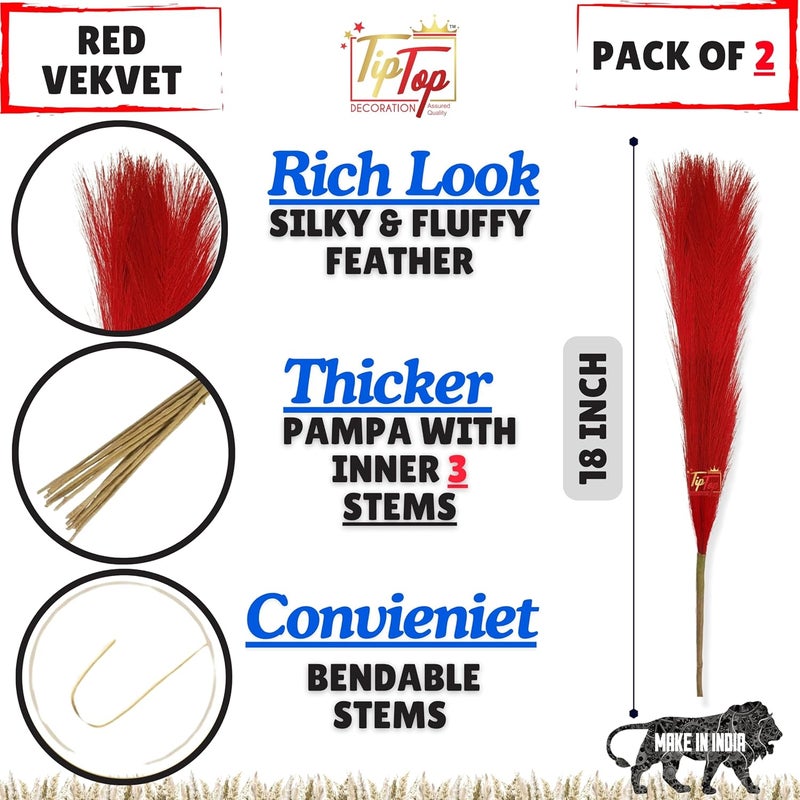 TIPTOP DECORATION TIPTOP DECORATION Premium Artificial Fluffy Faux Pampas Grass Feather Flower Stick 18 inch 2 Red Velvet 3 Inner Stems  - Image 2