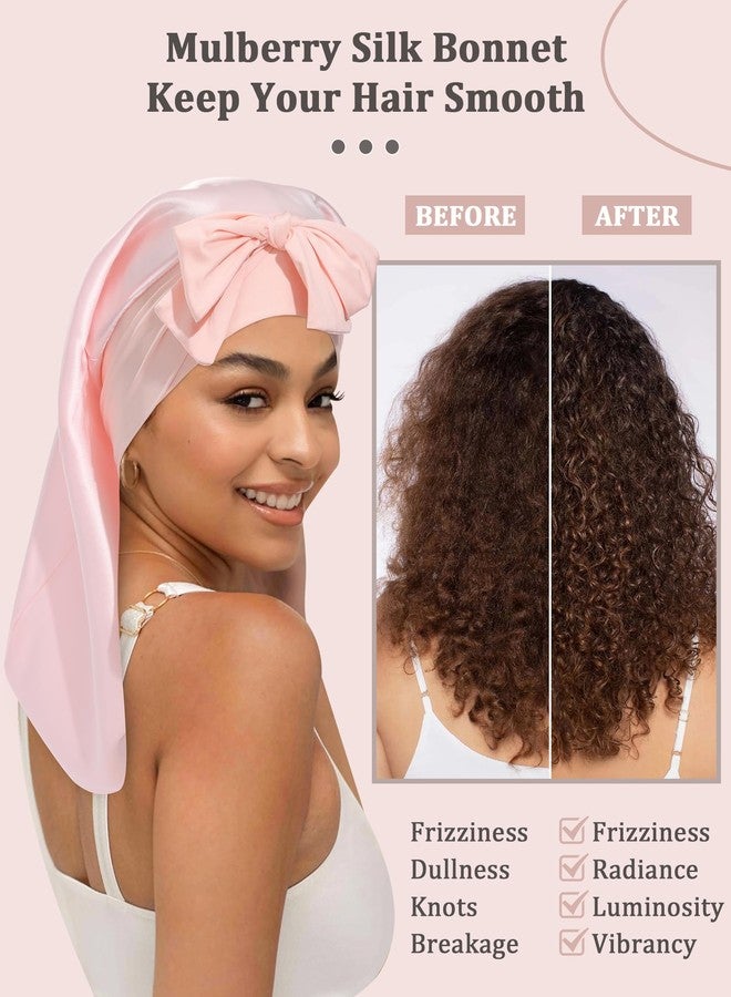 AWAYTR 100% Mulberry Silk Bonnet - Long Hair Cap for Sleeping Tie Band Bonnet for Braids Curly Hair (Pink - Image 2