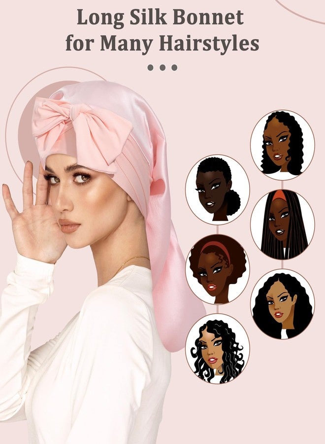 AWAYTR 100% Mulberry Silk Bonnet - Long Hair Cap for Sleeping Tie Band Bonnet for Braids Curly Hair (Pink - Image 3