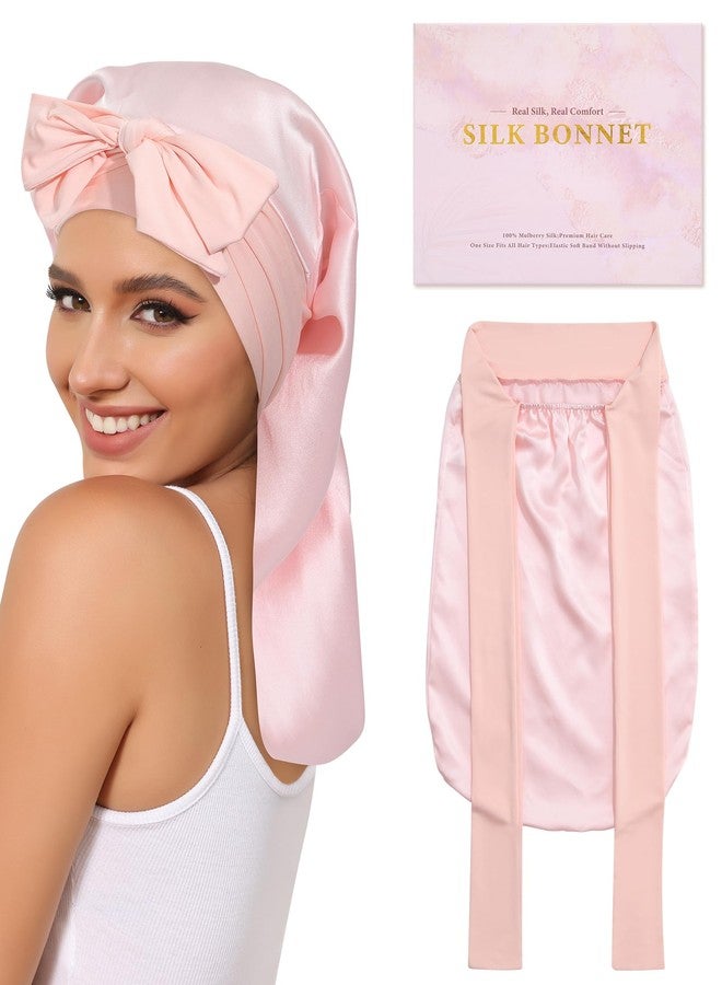 AWAYTR 100% Mulberry Silk Bonnet - Long Hair Cap for Sleeping Tie Band Bonnet for Braids Curly Hair (Pink - Image 1