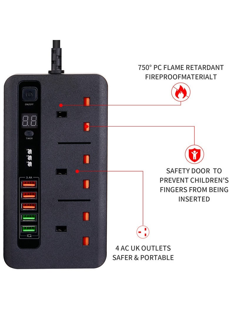 Plug Extension Power Adapter Universal, 5 USB high-speed charging port timed socket, intelligent recognition charging port fireproof and flame-retardant socket, Multi Extender Wall Socket Adapter