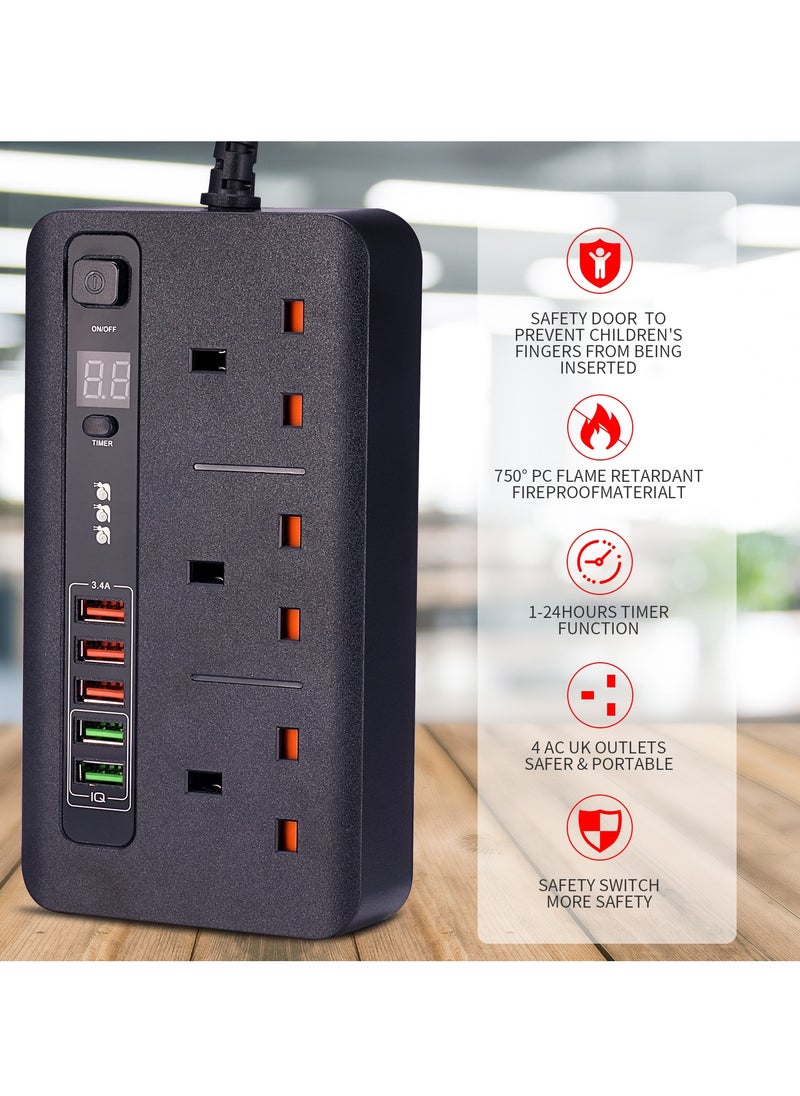 Plug Extension Power Adapter Universal, 5 USB high-speed charging port timed socket, intelligent recognition charging port fireproof and flame-retardant socket, Multi Extender Wall Socket Adapter