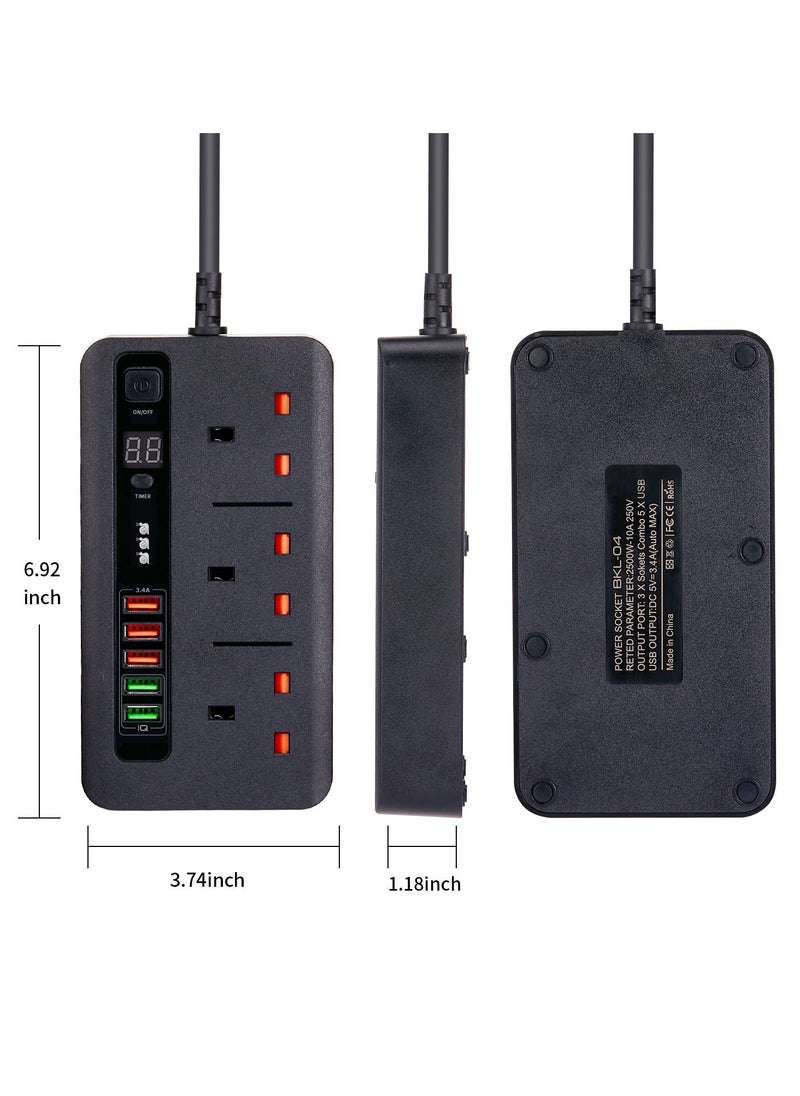 Plug Extension Power Adapter Universal, 5 USB high-speed charging port timed socket, intelligent recognition charging port fireproof and flame-retardant socket, Multi Extender Wall Socket Adapter