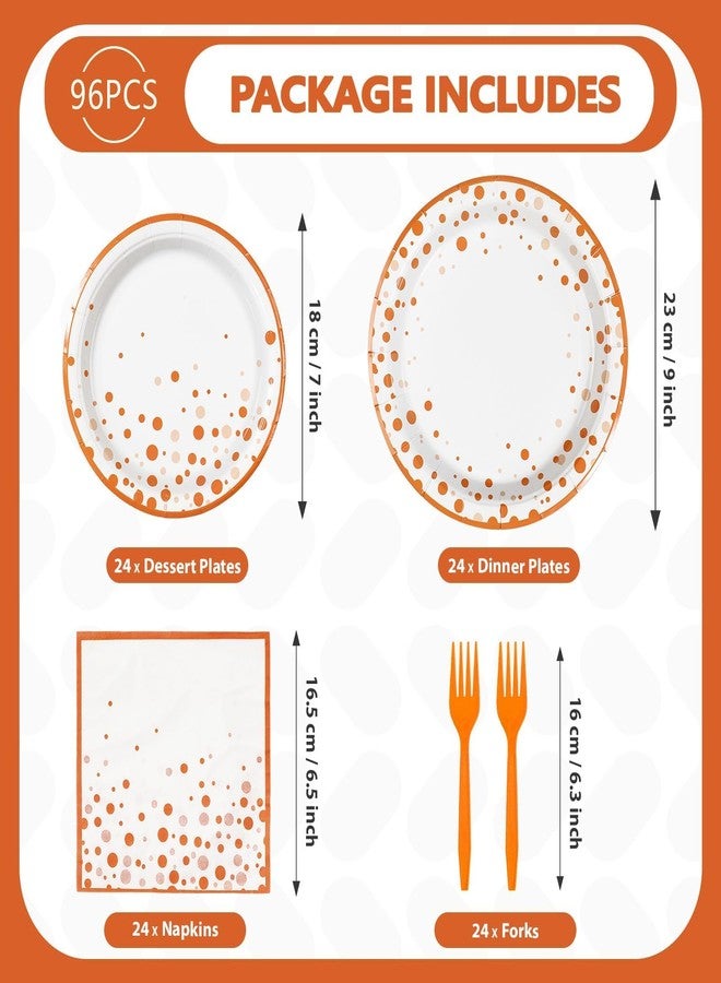Grencian 96Pcs Orange and White Birthday Party Supplies Orange and White Polka Dots Plates and Napkins Tableware Sets Boho Autumn Decorations for Picnic Wedding BBQ Dinner Party Favors Decor Serves 24 - Image 2
