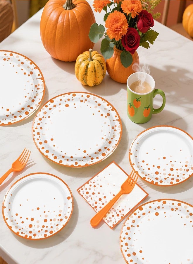 Grencian 96Pcs Orange and White Birthday Party Supplies Orange and White Polka Dots Plates and Napkins Tableware Sets Boho Autumn Decorations for Picnic Wedding BBQ Dinner Party Favors Decor Serves 24 - Image 4