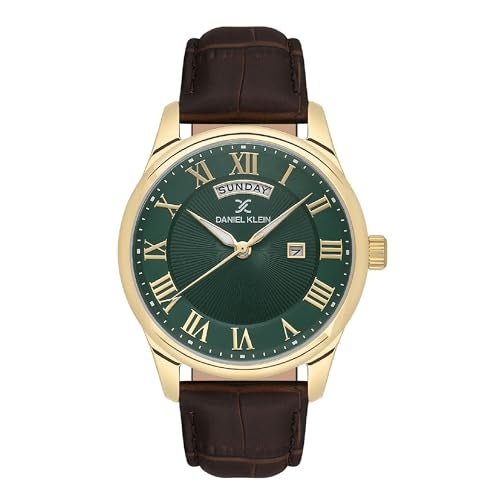 Daniel Klein Analog Green Round Dial Gold Case Brown Leather Strap Day Date with Roman Accents Water-Resistant Wrist Watch for Men Boys DK.1.13819-4 - Image 1