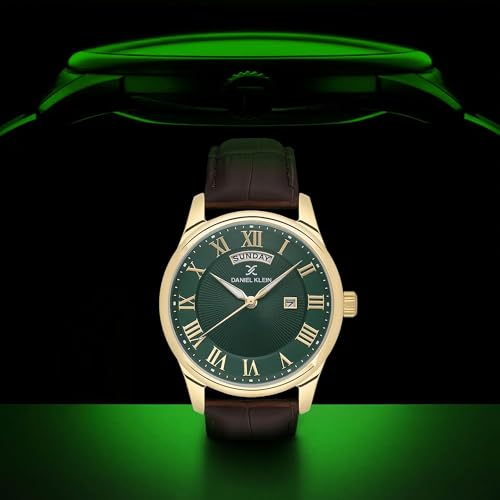 Daniel Klein Analog Green Round Dial Gold Case Brown Leather Strap Day Date with Roman Accents Water-Resistant Wrist Watch for Men Boys DK.1.13819-4 - Image 2