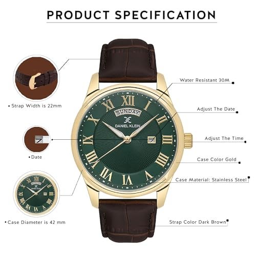 Daniel Klein Analog Green Round Dial Gold Case Brown Leather Strap Day Date with Roman Accents Water-Resistant Wrist Watch for Men Boys DK.1.13819-4 - Image 5