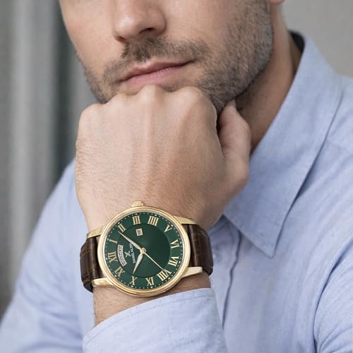 Daniel Klein Analog Green Round Dial Gold Case Brown Leather Strap Day Date with Roman Accents Water-Resistant Wrist Watch for Men Boys DK.1.13819-4 - Image 4