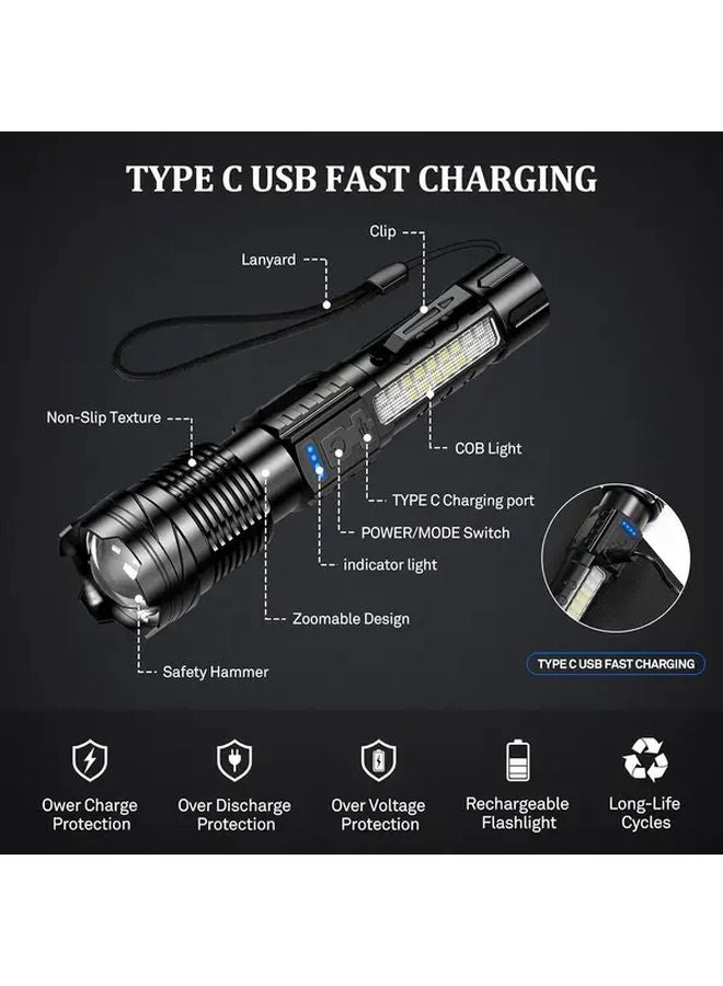 Black Aluminum Alloy Handheld Flashlight USB Type C Charging 7 Modes Adjustable Focus - Image 5