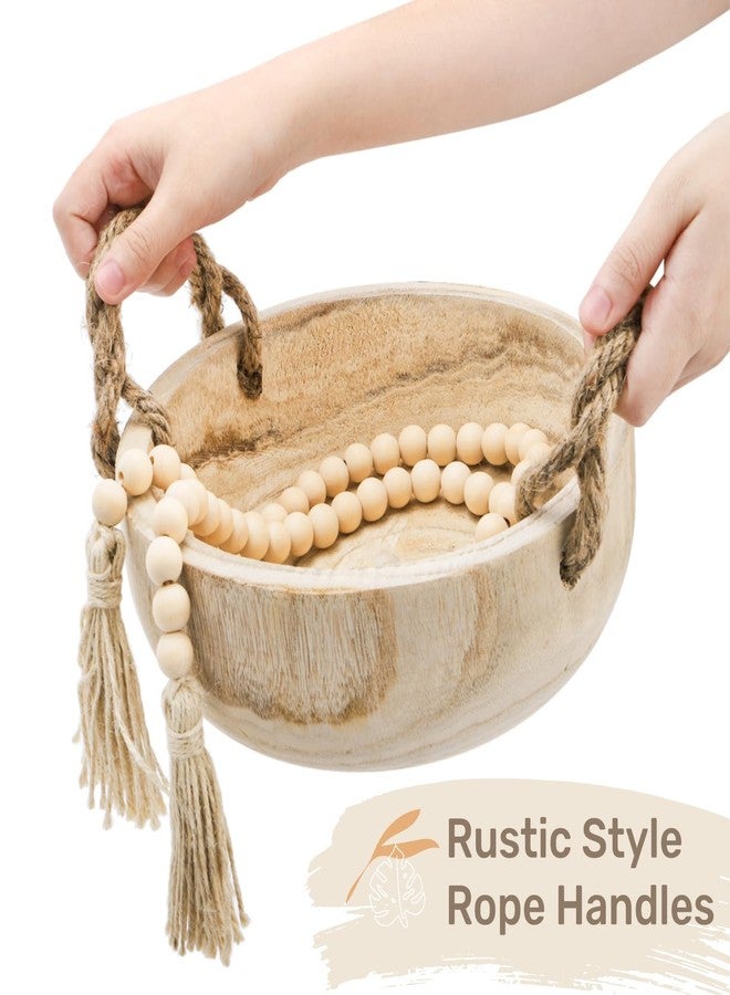 Jowgut Paulownia Wood Dough Bowl, 9.5 Inch Serving Bowl with Rope Handles Bead Garland, Handmade Wooden Key Bowl for Tabletop Centerpiece Home Decor - Image 3