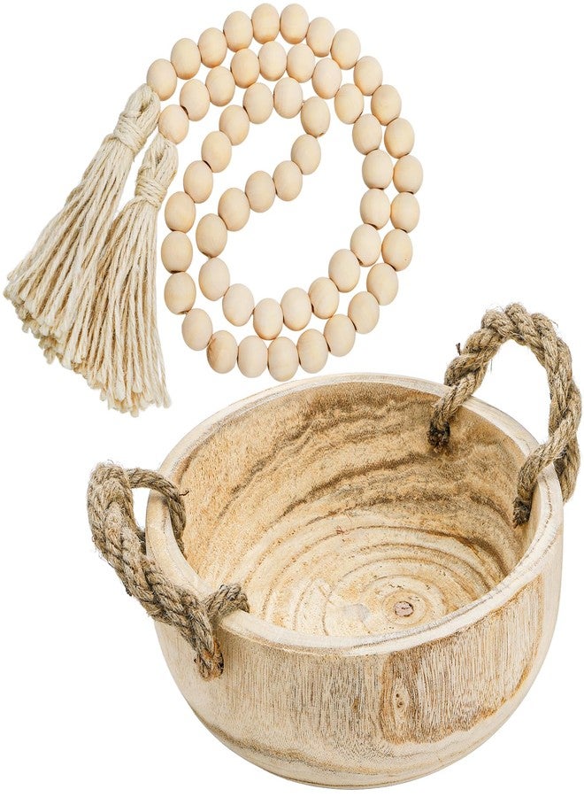 Jowgut Paulownia Wood Dough Bowl, 9.5 Inch Serving Bowl with Rope Handles Bead Garland, Handmade Wooden Key Bowl for Tabletop Centerpiece Home Decor - Image 1