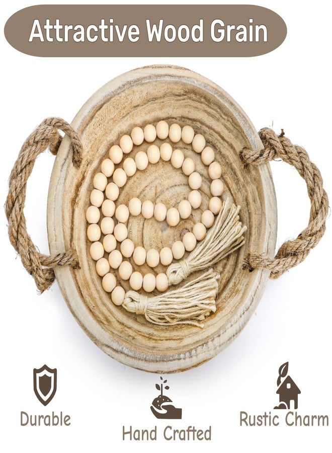 Jowgut Paulownia Wood Dough Bowl, 9.5 Inch Serving Bowl with Rope Handles Bead Garland, Handmade Wooden Key Bowl for Tabletop Centerpiece Home Decor - Image 5