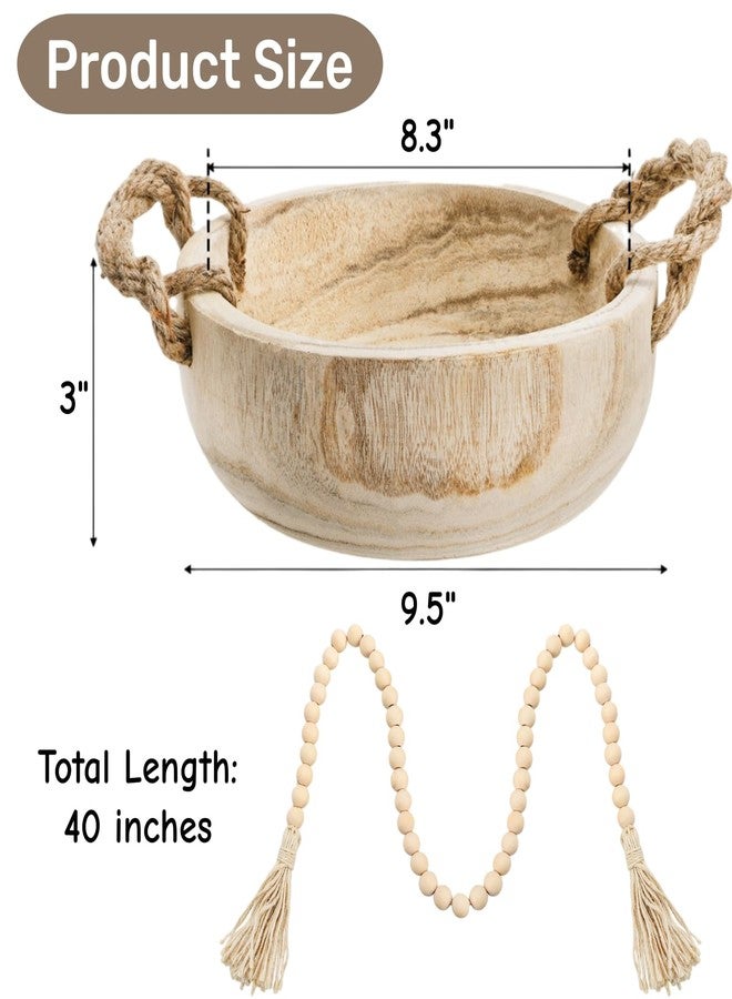 Jowgut Paulownia Wood Dough Bowl, 9.5 Inch Serving Bowl with Rope Handles Bead Garland, Handmade Wooden Key Bowl for Tabletop Centerpiece Home Decor - Image 2
