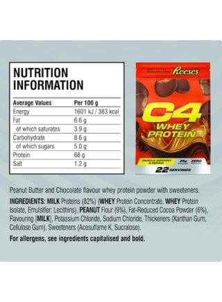 Cellucor C4 Whey Protein Powder – Reese's Peanut Butter Cup Flavor 25g Protein per Serving, 0g Added Sugar Whey Concentrate & Isolate Blend 814g 22 Servings - view 3
