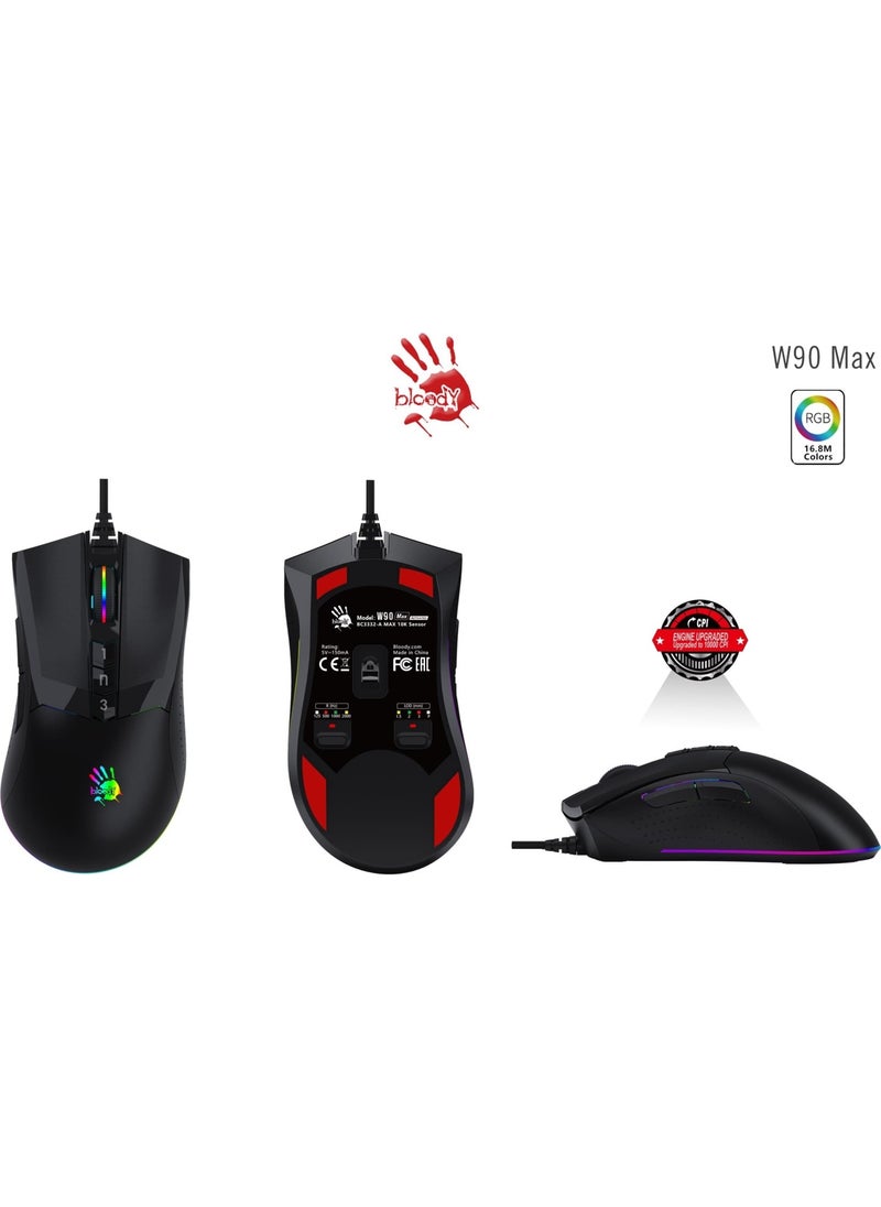 Bloody - W90 Max 10.000 CPI 10 Keys RGB 4M Memory Ultra Core 3&4 Active Custom Made Optical Wired Black Gaming Mouse - Image 1