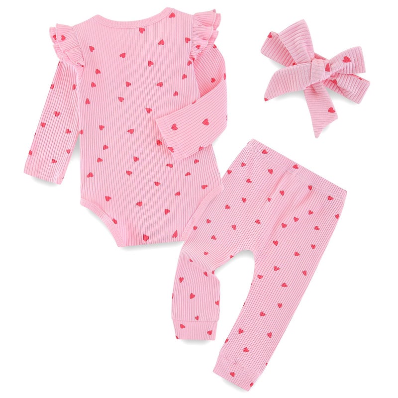 Fullfamous Newborn Infant Baby Girl Fall Winter Clothes Long Sleeve Onesie Clothing Pant Set Outfits Gifts Newborn Pink With Heart - Image 2