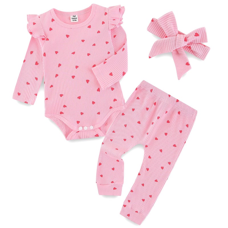 Fullfamous Newborn Infant Baby Girl Fall Winter Clothes Long Sleeve Onesie Clothing Pant Set Outfits Gifts Newborn Pink With Heart - Image 1