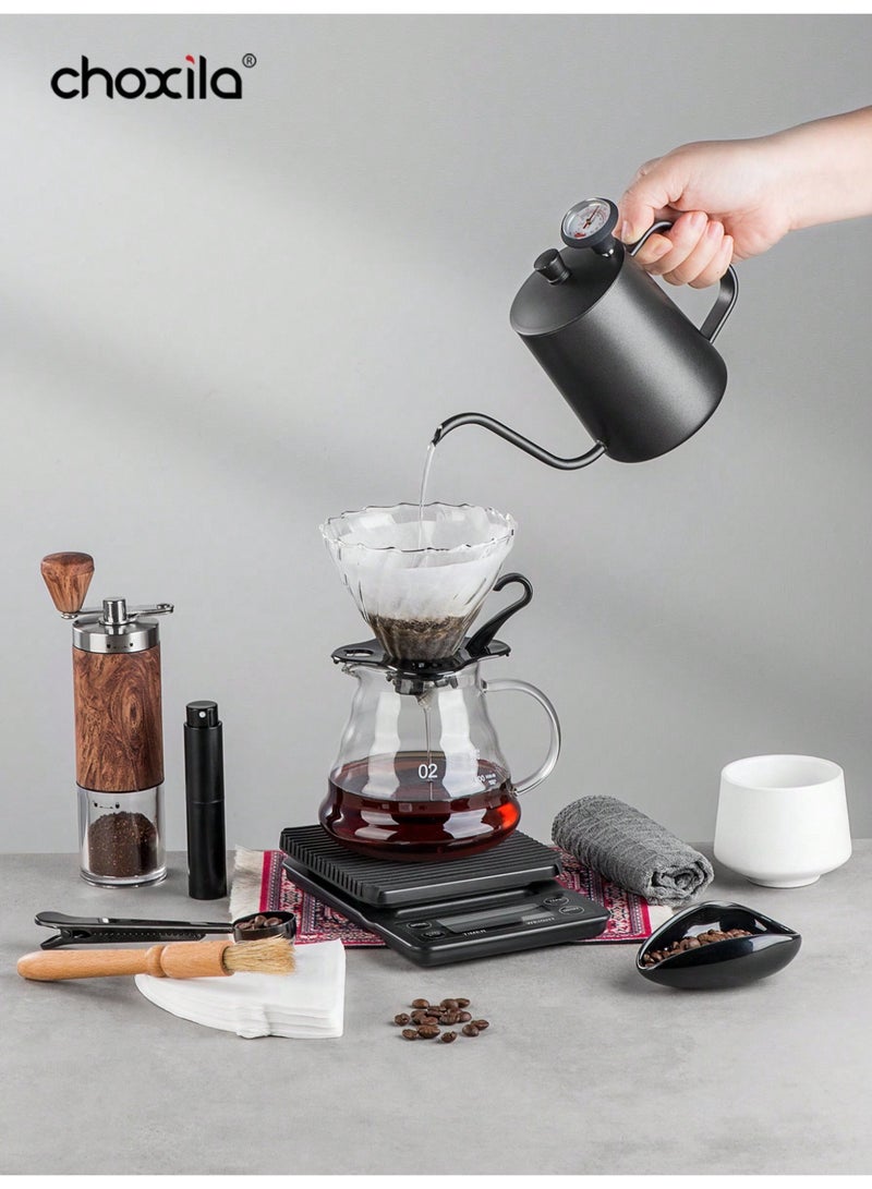 choxila V60 Set, 15Piece Coffee Drip Set With Tool Case, Size 2 Hand Drip Coffee Set, V02 Pout Over Coffee Set, Hand   Brewing Coffee Accessories Kit,The V02 Coffee Set includes a coffee dripper, a server, a coffee filter, a   grinder, a coffee tray, coffee cups, a digital scale, a coffee scoop, a thermometer, a spray bottle, a   cleaning cloth, a coffee mat, a portable storage box for coffee, filter papers, and a cleaning brush.  - Image 2