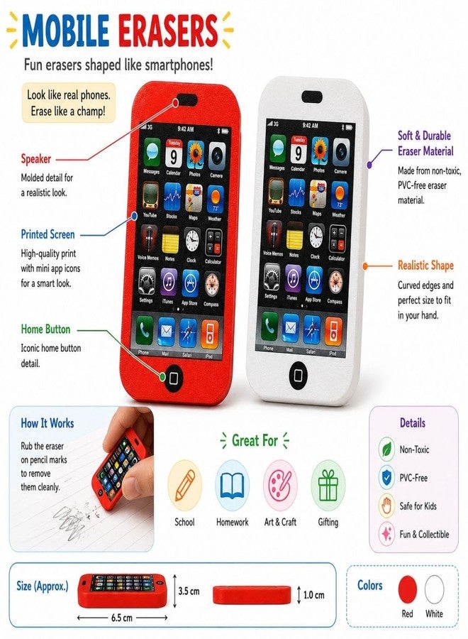 ZOKCY® (Pack of 10 Pcs) Mobile Eraser for Kids for School Use Eraser for Girls and Boys/Mobile Phone Fancy Erasers for School Kids/Mobile Look Pencil Eraser Rubber Multicolor/Compact Size - Image 2