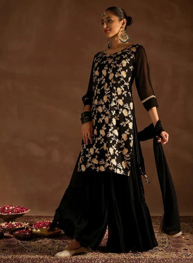 PRASHA Black Embroidered Straight Kurta Sharara set