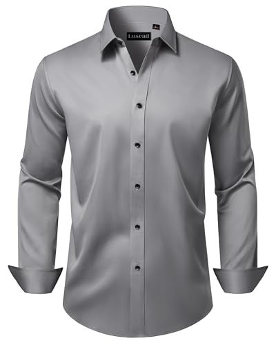 Lusead Grey Mens Dress Shirts Wedding Slim Fit Long Sleeve Stretch Wrinkle Free Formal Silver Button Up Shirt Men - Image 1