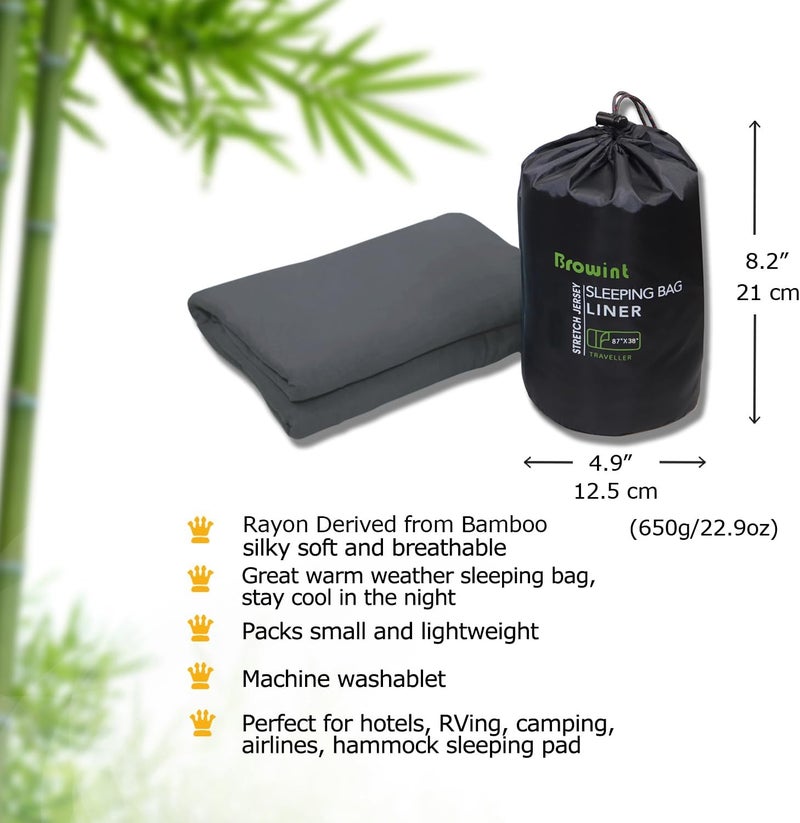 BROWINT Travel Sheets for Hotel, Rayon Derived from Bamboo, Stretchy Sleep Sack for Adults, Warm Weather/Summer Sleeping Bag Liner for Camping and Travel, Rectangular with Pillow Pocket, Mummy, Cooling Sheets - Image 3