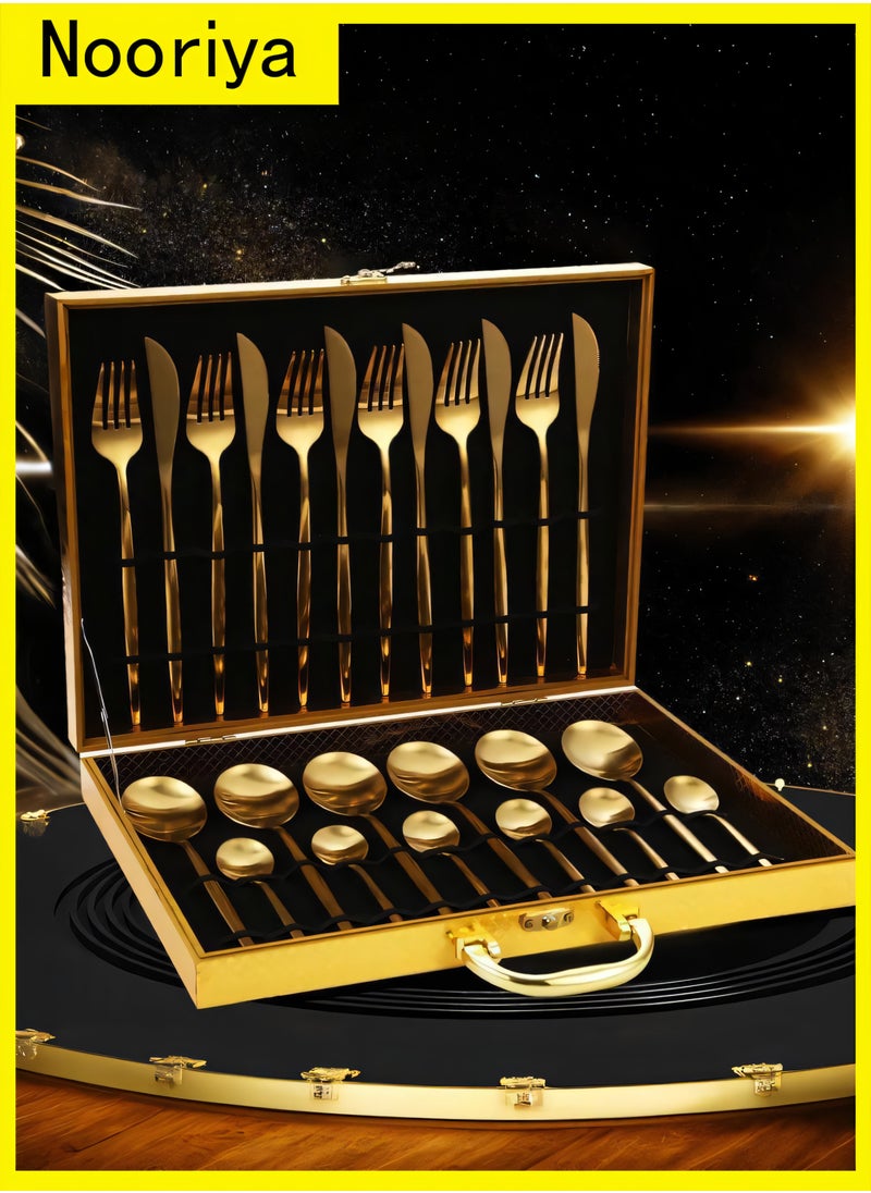 Nooriya 24 pieces Stainless Steel Cutlery Set Gold with Premium Wooden Box, Mirror Polished Flatware Set, Serve for 6, Including Fork/Spoon/Teaspoon (Gold)  - Image 1