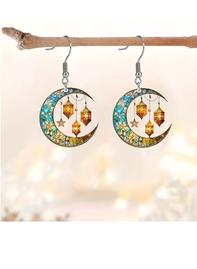 بوليريوس زوج واحد من أقراط الأذن المتدلية الأنيقة على شكل فانوس قمري ثنائي الأبعاد، لحفلات رمضان، والمهرجانات الإسلامية، وحفلات العيد، مصنوعة من الأكريليك مع خطافات حديدية، - Image 1