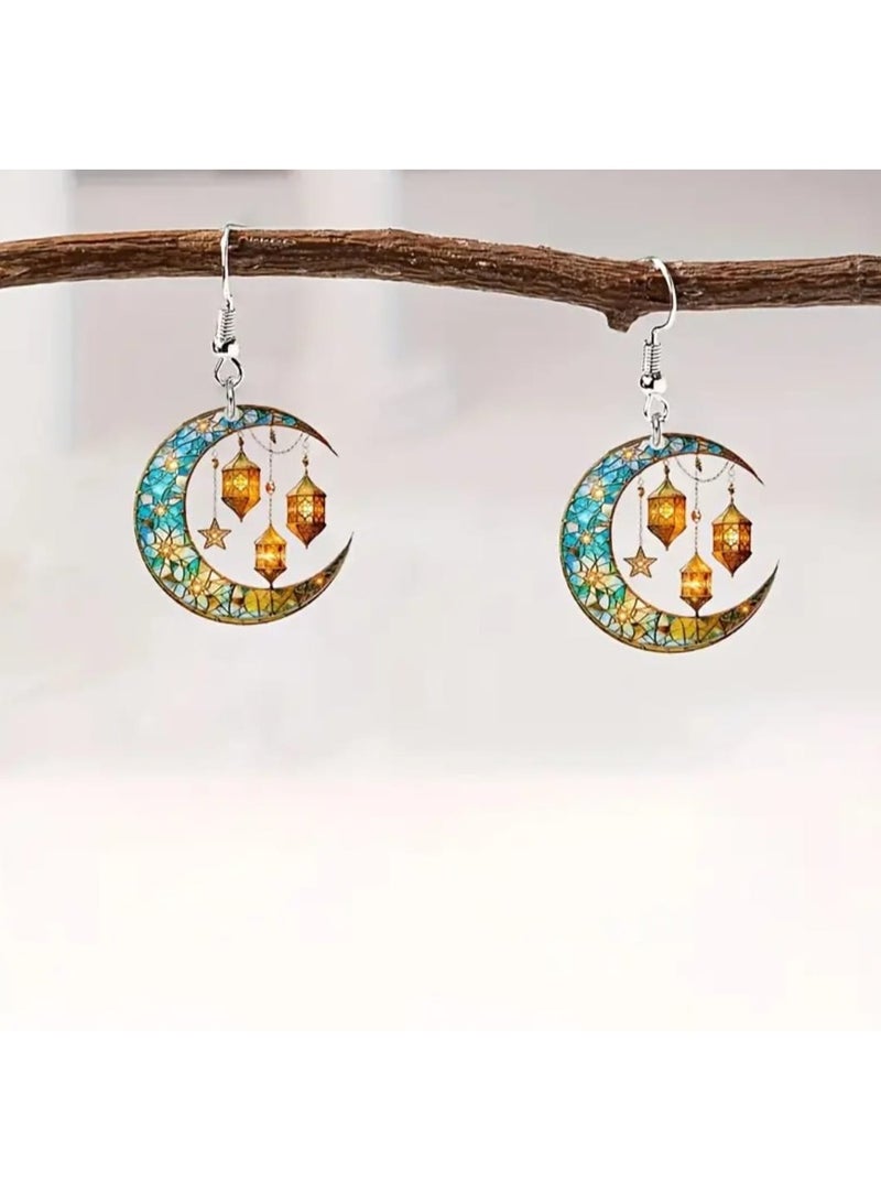 بوليريوس زوج واحد من أقراط الأذن المتدلية الأنيقة على شكل فانوس قمري ثنائي الأبعاد، لحفلات رمضان، والمهرجانات الإسلامية، وحفلات العيد، مصنوعة من الأكريليك مع خطافات حديدية، - Image 2