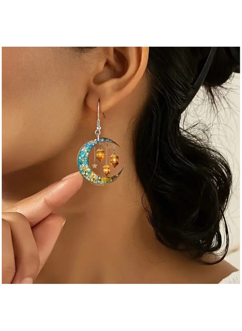 بوليريوس زوج واحد من أقراط الأذن المتدلية الأنيقة على شكل فانوس قمري ثنائي الأبعاد، لحفلات رمضان، والمهرجانات الإسلامية، وحفلات العيد، مصنوعة من الأكريليك مع خطافات حديدية، - Image 5
