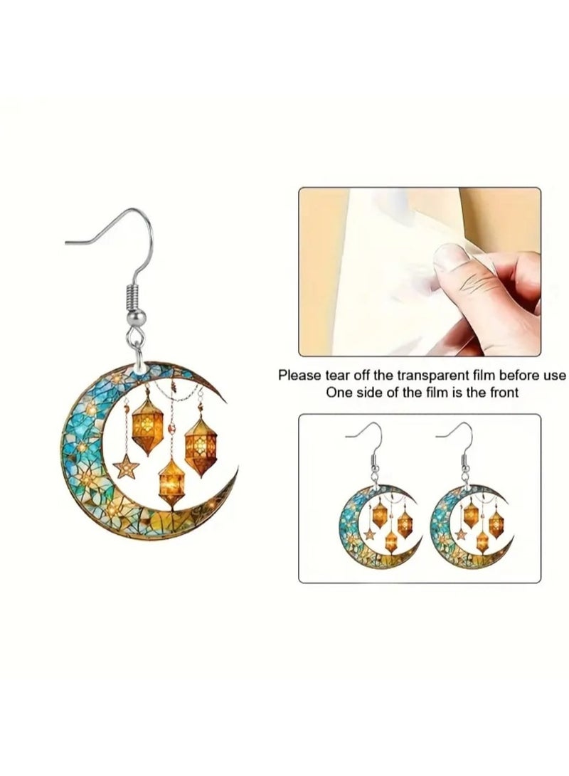 بوليريوس زوج واحد من أقراط الأذن المتدلية الأنيقة على شكل فانوس قمري ثنائي الأبعاد، لحفلات رمضان، والمهرجانات الإسلامية، وحفلات العيد، مصنوعة من الأكريليك مع خطافات حديدية، - Image 3