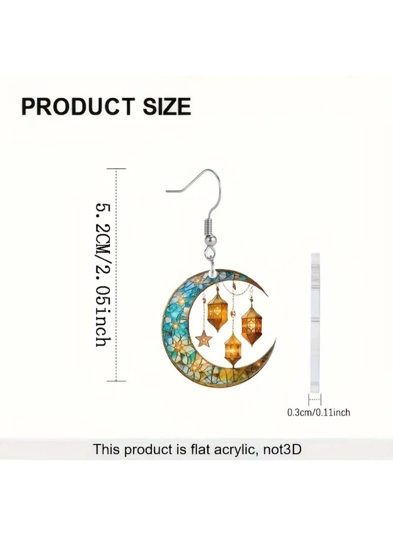 بوليريوس زوج واحد من أقراط الأذن المتدلية الأنيقة على شكل فانوس قمري ثنائي الأبعاد، لحفلات رمضان، والمهرجانات الإسلامية، وحفلات العيد، مصنوعة من الأكريليك مع خطافات حديدية، - Image 4