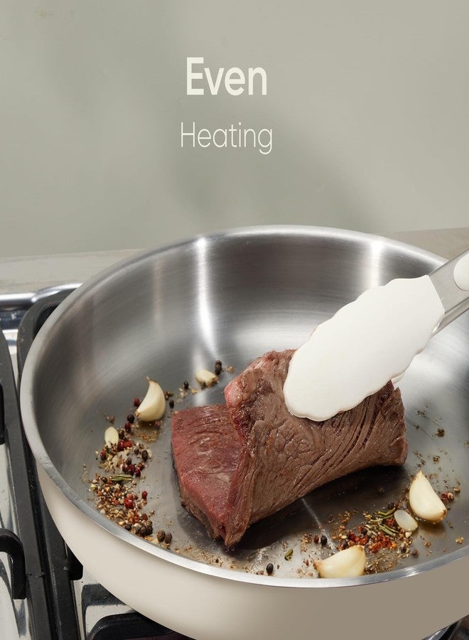 كاروت مقلاة كاروت المصنوعة من الفولاذ المقاوم للصدأ مقاس 10 بوصات مع غطاء، طبقة خارجية من السيراميك، غير سامة، تسخين متساوٍ، آمنة للاستخدام في الفرن، متوافقة مع مواقد الحث الحراري والسيراميك والغاز، لون أبيض - Image 3