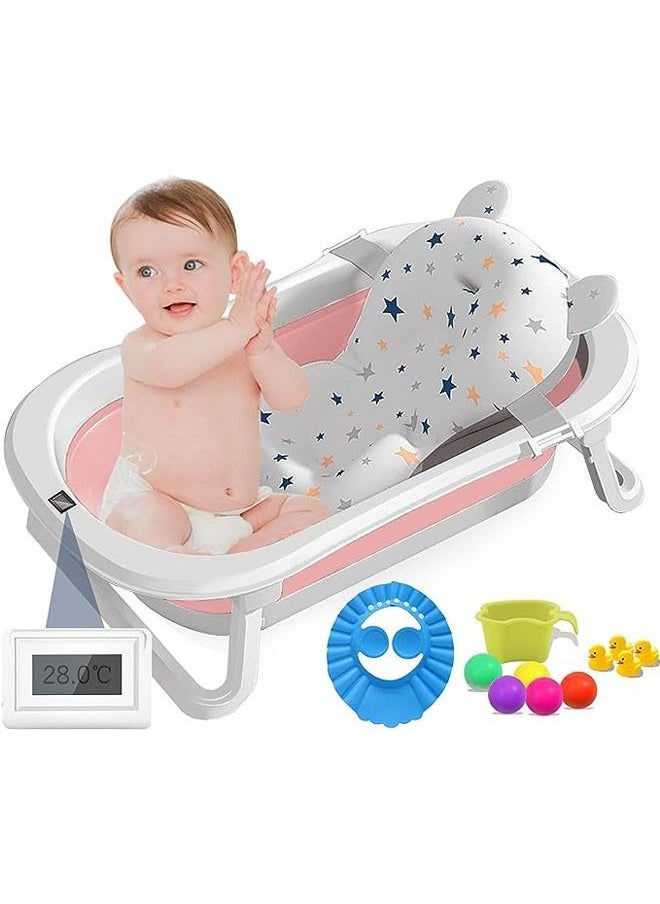 Arabest - Baby Bathtub Portable With Baby Cushion Shampoo Hat, Collapsible Toddler Bath Tub for 0-2 Years Kids Foldable Infant Shower Basin New Born Toddler Bathing Support Bath Organizers (Pink) - Image 1