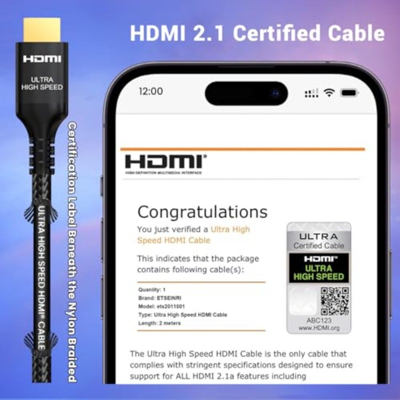 كابل HDMI 2.1 لشاشات الألعاب والتلفزيون: نايلون مجدول، أسود، سرعة فائقة معتمدة تبلغ 48 جيجابت في الثانية مع 8K@60هرتز، 4K@240هرتز، eARC، HDR10+، Dolby Atmos - Image 2