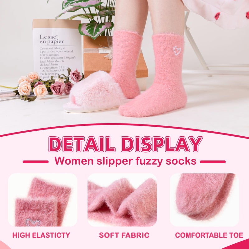 Velice Fuzzy Socks For Women Fluffy Cozy Slipper Pink Heart Bow Warm Winter Home Sleeping Thick Comfy Socks 5 Pairs (Heart-Pink Series) - Image 4