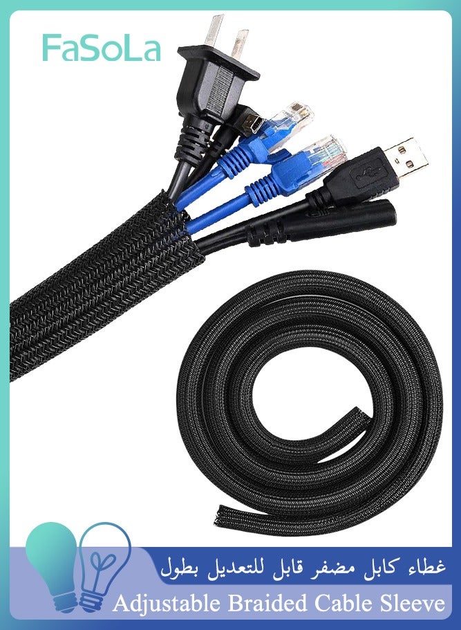 Fasola Adjustable 3m/9.84ft Braided Cable Sleeve, Wire Management Sleeve Hider for TV Desk Pc Cable Wraps with Flame Retardancy Wires Organizer and Protector (Black) - Image 1