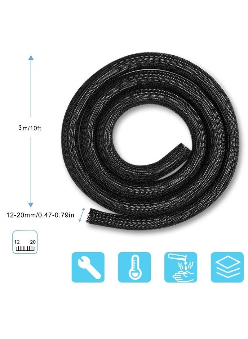 Fasola Adjustable 3m/9.84ft Braided Cable Sleeve, Wire Management Sleeve Hider for TV Desk Pc Cable Wraps with Flame Retardancy Wires Organizer and Protector (Black) - Image 2