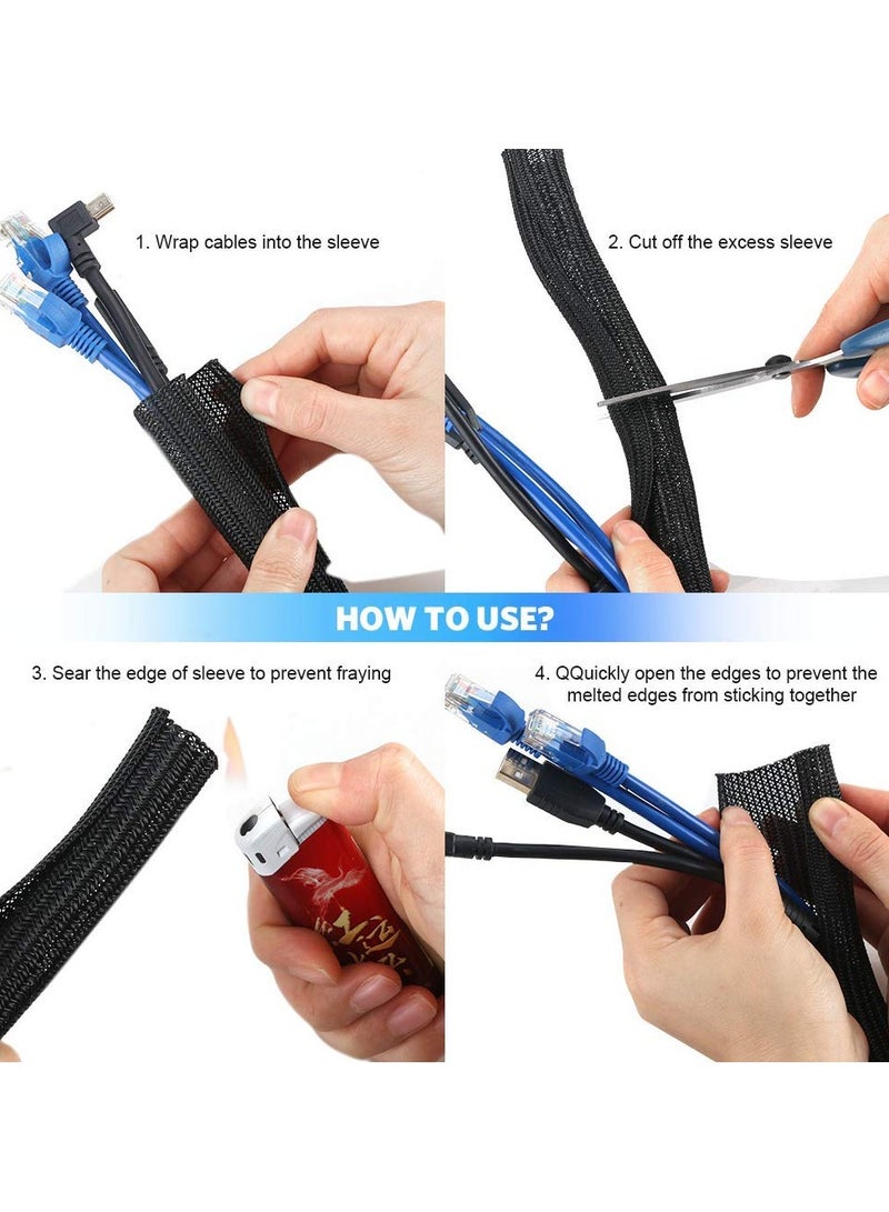 Fasola Adjustable 3m/9.84ft Braided Cable Sleeve, Wire Management Sleeve Hider for TV Desk Pc Cable Wraps with Flame Retardancy Wires Organizer and Protector (Black) - Image 3