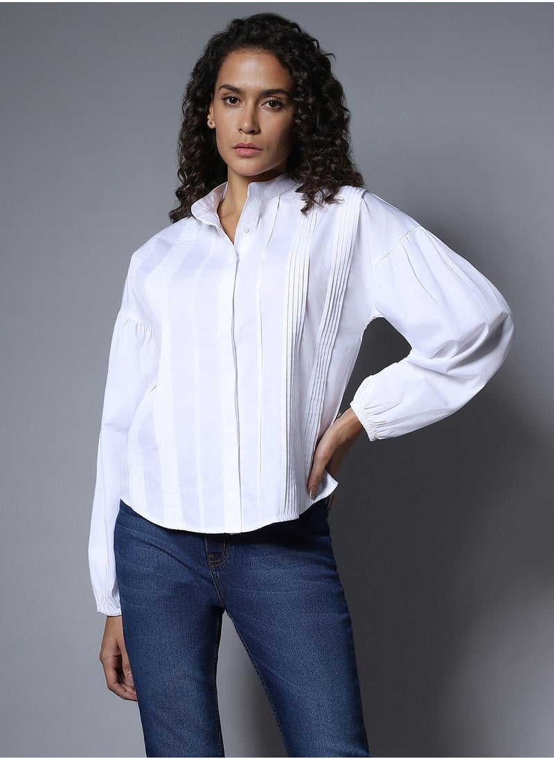 HIGH STAR - Women's White Boxy Mandarin Collar Long Sleeve Shirt - Image 1