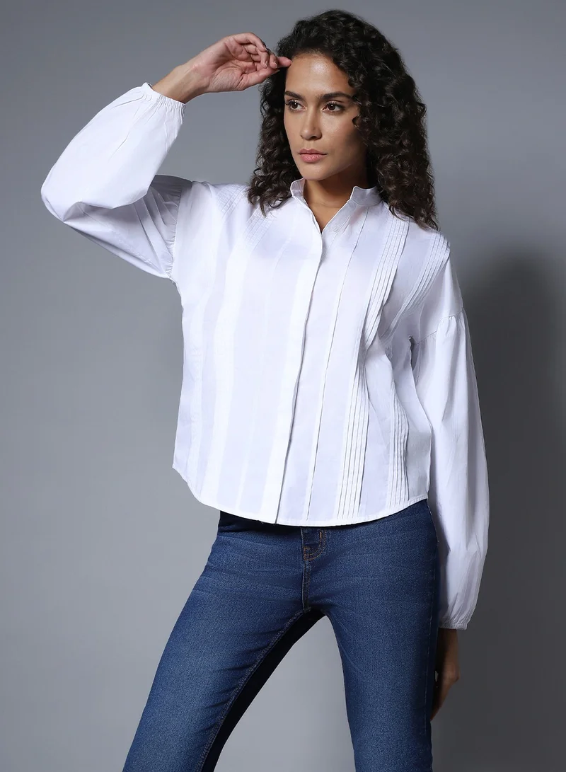 HIGH STAR Women's White Boxy Mandarin Collar Long Sleeve Shirt