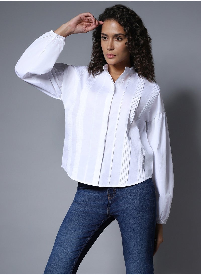 HIGH STAR - Women's White Boxy Mandarin Collar Long Sleeve Shirt - Image 1