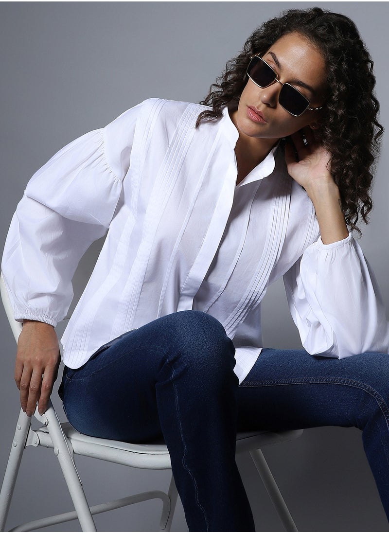 HIGH STAR - Women's White Boxy Mandarin Collar Long Sleeve Shirt - Image 1