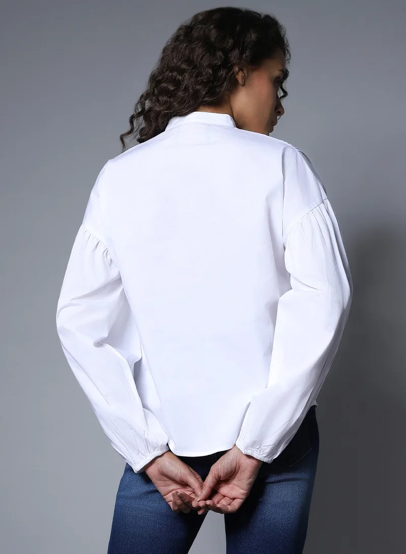 HIGH STAR Women's White Boxy Mandarin Collar Long Sleeve Shirt