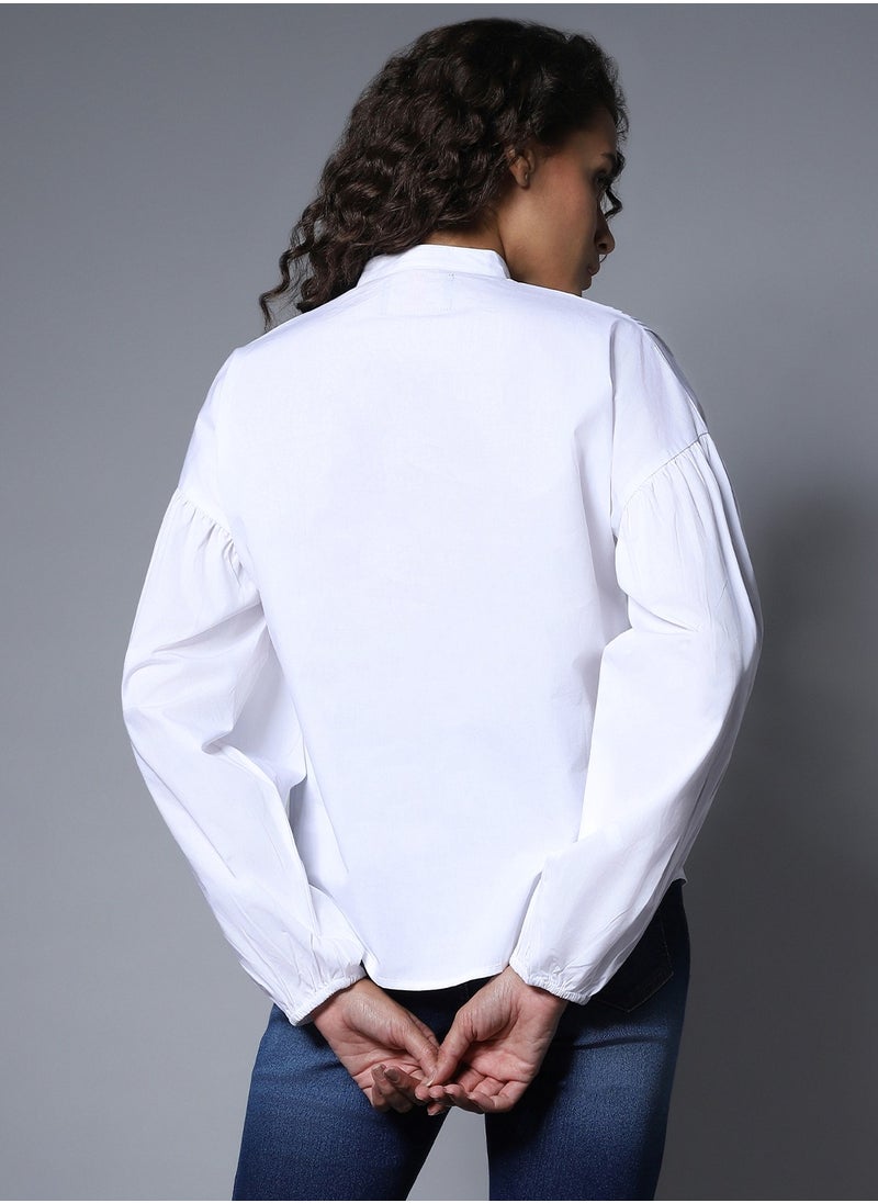 HIGH STAR - Women's White Boxy Mandarin Collar Long Sleeve Shirt - Image 1