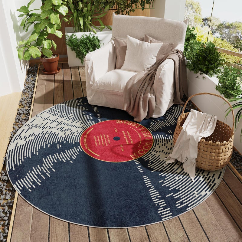 GTRY Vinyl Record 5ft Round Rug, Non-Slip Round Area Rug for Living Room, Bedroom, Dining Room Table, Large Circle Area Rugs, Soft Circle Rugs for Home Decor Aesthetic, Low-Pile&Waterproof Alfombra Redonda - Image 1