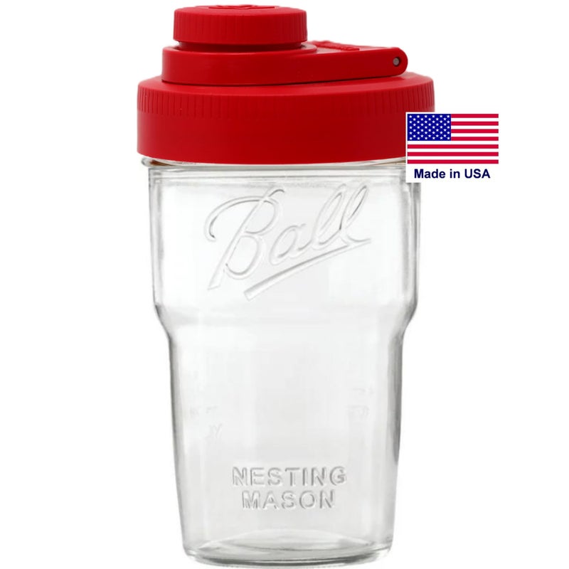Brewing America Nesting Jar with Drinking Lid as Travel Cup, 1 Pint (16 oz) with Red Pouring Lid on Wide Mouth Ball Nesting Mason Jar, USA-Made To Go Drink Cup, 1-Pack - Image 1